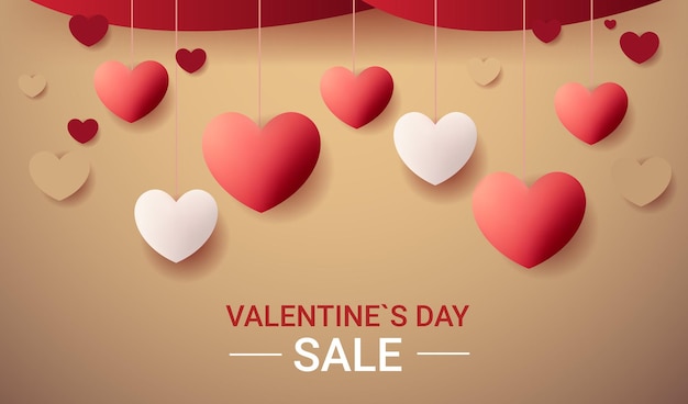 Paper cut hearts happy valentine day shopping poster or voucher holiday celebration sale header template