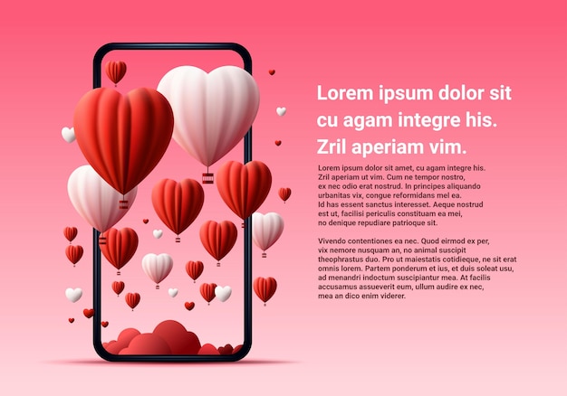 Paper cut hearts on smartphone screen happy valentine day poster or voucher holiday celebration sale header template