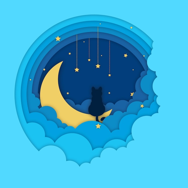 Vector a paper cut illustration of a cat on the moon in the clouds vector