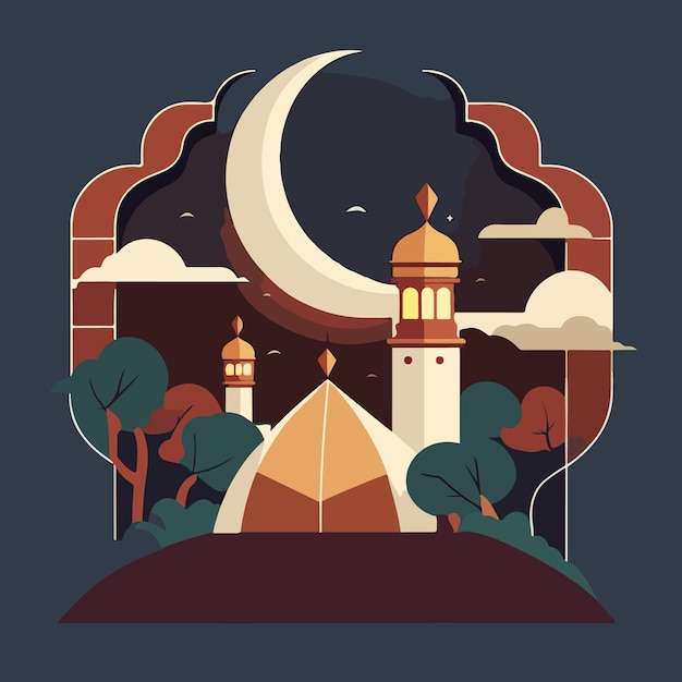 A paper cut illustration of a mosque and a moon