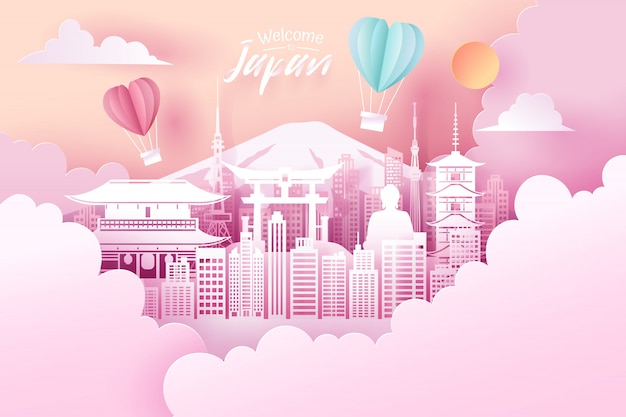 Paper cut of Japan landmark, travel and tourism concept.