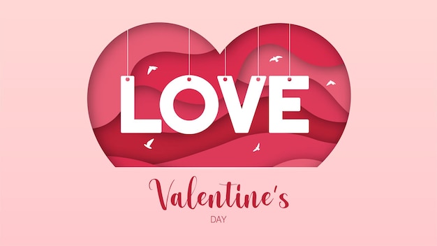 Paper cut over layers with pink hearts and a LOVE message for Valentine's Day greeting cards.