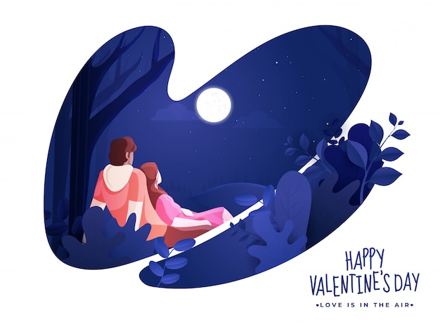 Paper Cut Nature Night Scene Background with Loving Couple Character and Given Message Love Is In The Air for Happy Valentine's Day Celebration.