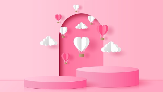 Paper cut of pink cylinder podium with heart hot air balloons and clouds