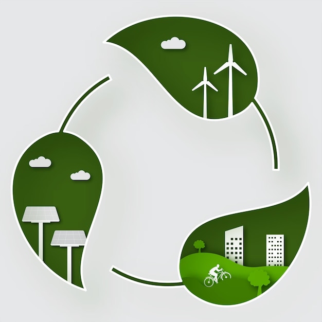 Paper Cut Recycling Leaves With Solar Panels Buildings Bicyclist Windmills And Tree On Gray Background