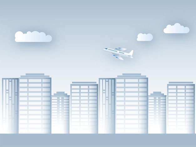 Paper Cut Residential Buildings With Clouds And Airplane On Glossy Light Blue Background