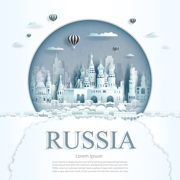 Paper cut Russia monuments with hot air balloons and clouds background template