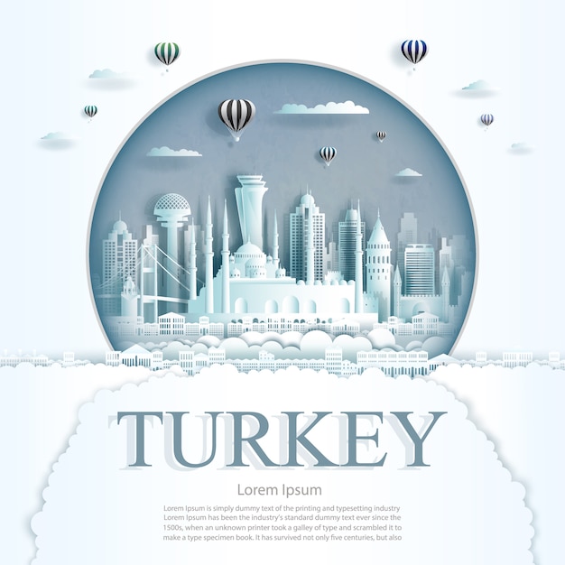 Paper cut Turkey monuments with hot air balloons and clouds background template