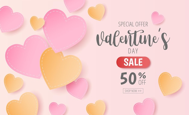 Paper cut of Valentine's Day sale background with heart for banner poster