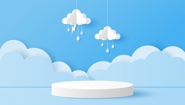 Paper cut of white cylinder podium for products display presentation with clouds raindrops and lightning Vector illustration