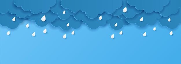 Paper cut with monsoon season banner Clouds and drops rain on blue background Vector illustration