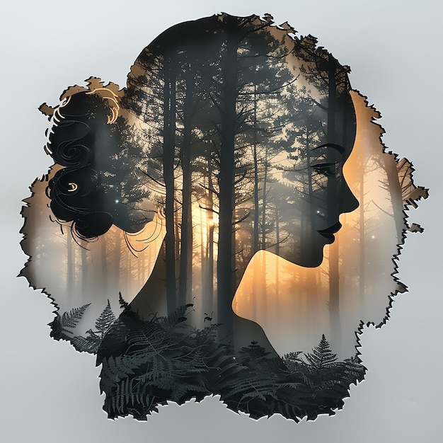 Vector paper cutout double exposure forest inside the silhouette of a beautiful girl