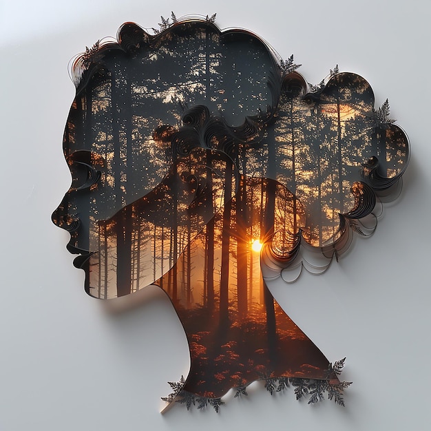 Vector paper cutout double exposure forest inside the silhouette of a beautiful girl