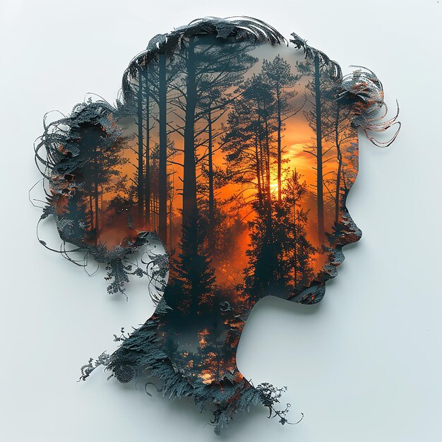 Vector paper cutout double exposure forest inside the silhouette of a beautiful girl