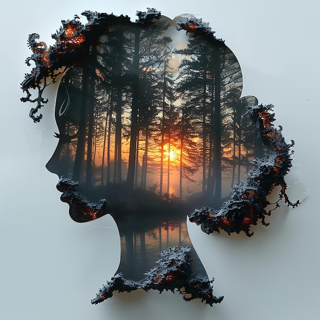 Vector paper cutout double exposure forest inside the silhouette of a beautiful girl