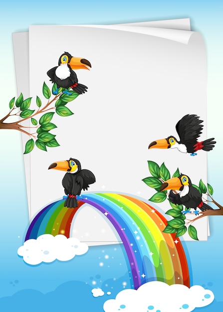 Paper design with toucans flying in sky