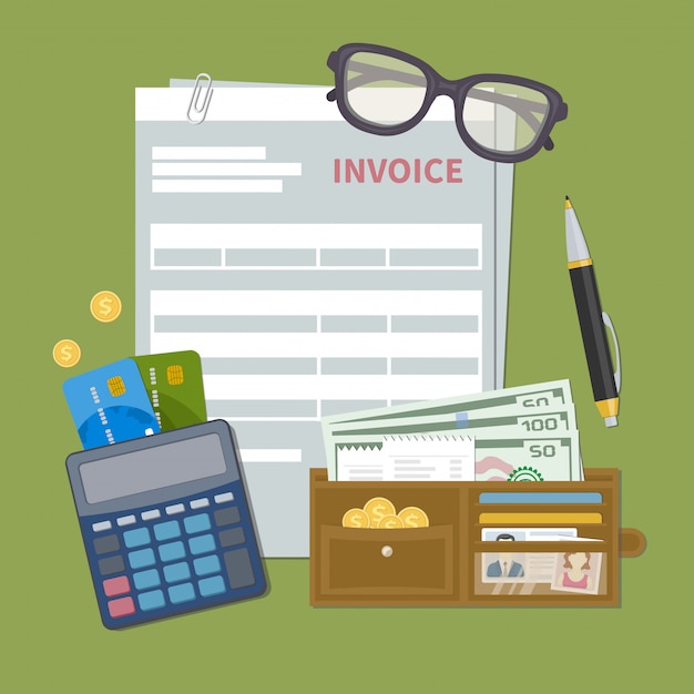 Paper document invoice form. Concept of invoice payment. Tax, receipt, bill. Wallet with cash money, golden coins, credit cards, calculator, pen, glasses.  illustration in flat style.