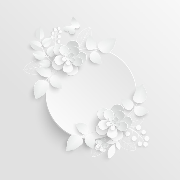 Vector paper flower round frame with abstract cut flowers white rose wedding decorations