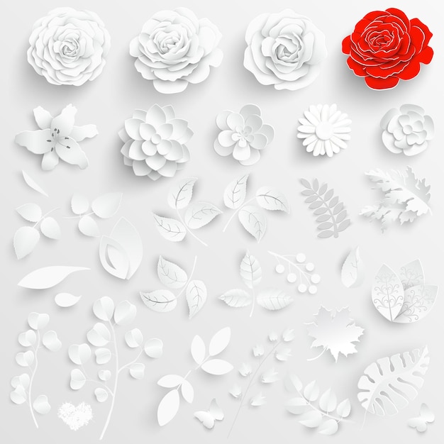 Paper flower White roses cut from paper Decorative bouquet isolated floral design elements Set