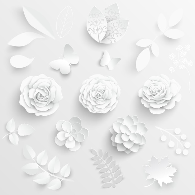 Paper flower White roses cut from paper Wedding decorations Set