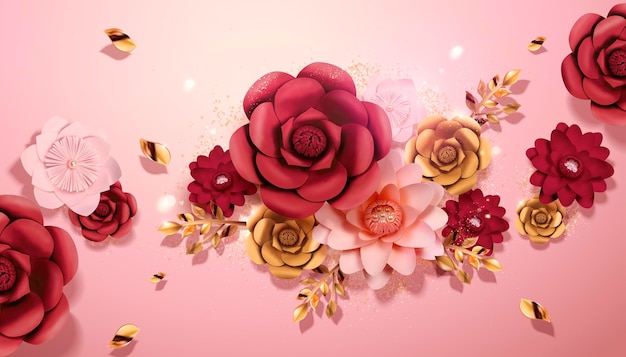 Paper flowers in red, pink and golden color in 3d style