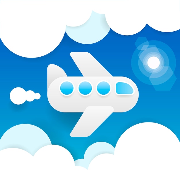 Paper Flying Plane In Clouds. Blue Sky Travel Background. Cutout Flat Icons. Vector Illustration.