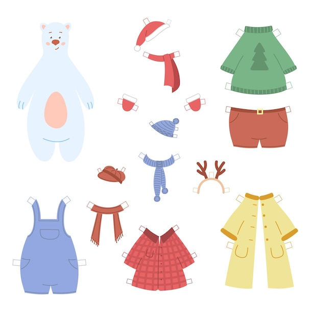 Paper game for kids with cute white polar bear and his various clothes. Christmas bear.