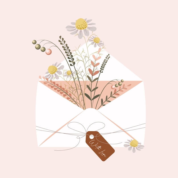 Paper gift envelope with delicate wildflowers and daisies packaging with an inscription with love