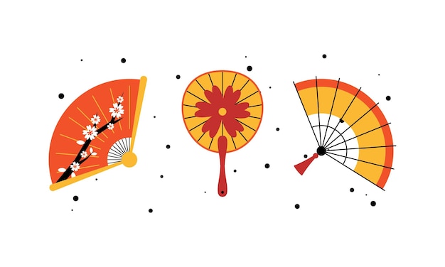 Vector paper handled fans cartoon traditional chinese or japanese accessories different shapes design