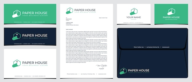 Paper house logo with stationery business card and social media banner designs