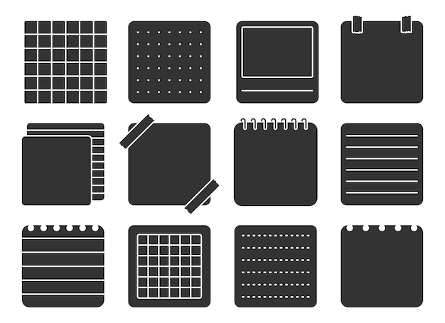 Vector paper note sticker square notepad black glyph set lined squared dotted paper note silhouette stamp filler sticker planner notebook design page task do list reminder frame notebook imprint isolated