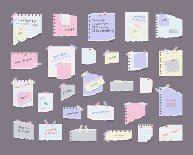 Paper notes on stickers, notepads and memo messages torn paper sheets. Blank notepaper of meeting reminder, to do list and office notice or information board. Information reminder. 