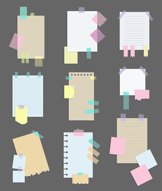 Paper notes stickers Set of different vector note papers Blank of multicolor stickers Sticky sheets of various colors and size vector illustration