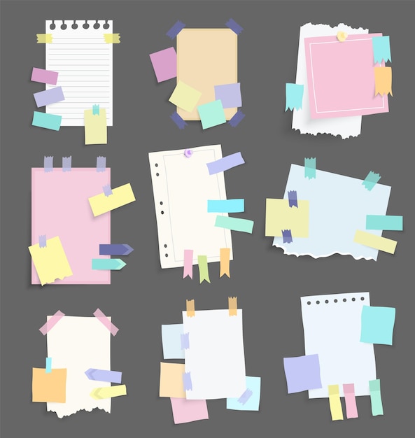 Paper notes stickers Set of different vector note papers Blank of multicolor stickers Sticky sheets of various colors and size vector illustration