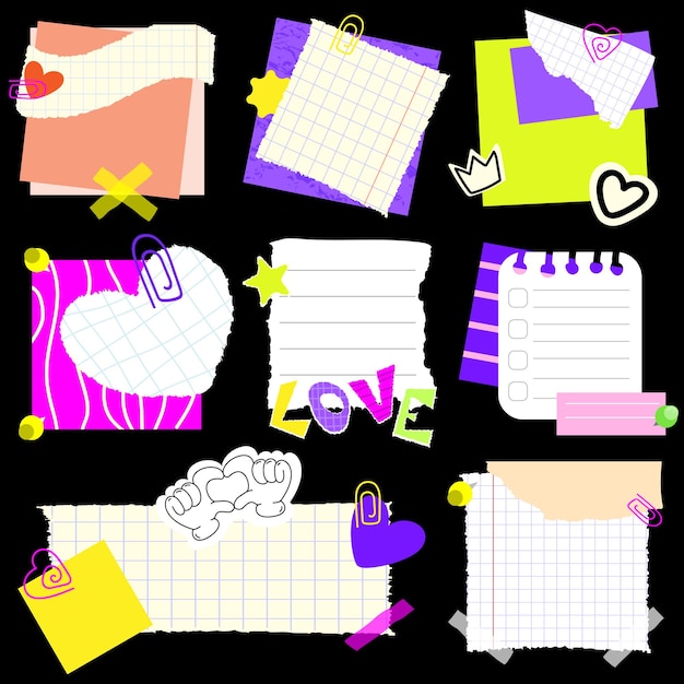 Vector paper notes and torn pieces of paper with stickers and various elements and tapevector