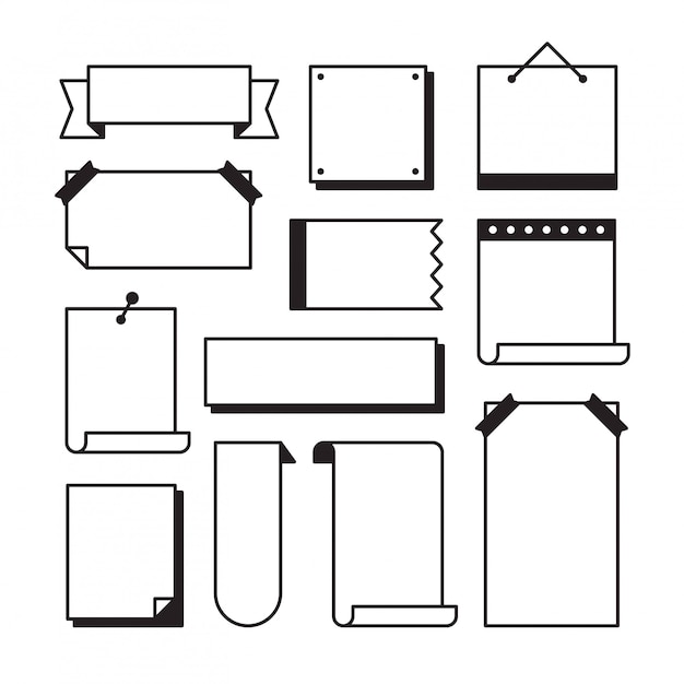 Paper page doodle set in line art sketch style - pieces of blank note book sheets with sticky tape and other stationery isolated on white ,  illustration