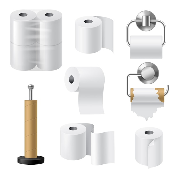 Paper roll holders Realistic hygiene products kitchen and bathroom accessories paper towels tapes in rolls cardboard bushings and metal chrome holder cellophane packaging vector 3d mockups