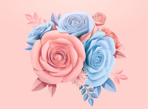 Paper roses in light blue and pink, 3d illustration