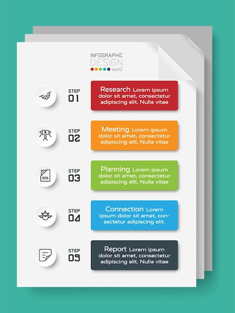 Paper sheets explaining the work process and business infographic design.