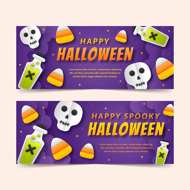 Paper style halloween horizontal banners set