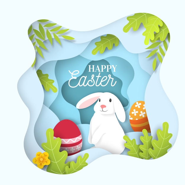 Paper style happy easter day with cute white rabbit