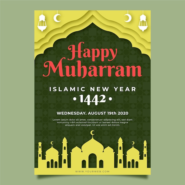 Paper style islamic new year poster template