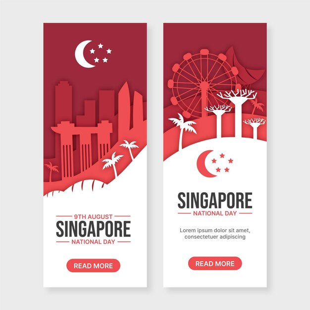 Vector paper style singapore national day banners set