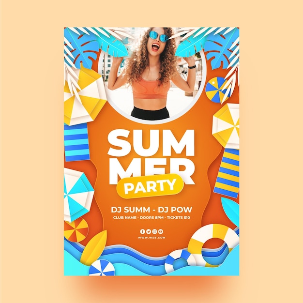 Paper style summer party vertical poster template with photo