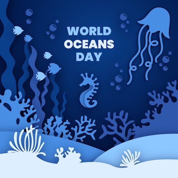 Paper style world oceans day illustration