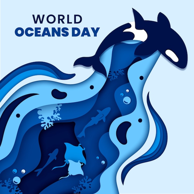 Paper style world oceans day illustration