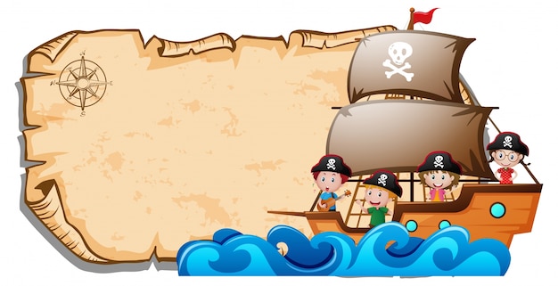 Paper template with children on pirate ship