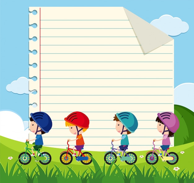 Paper template with kids cycling in the park