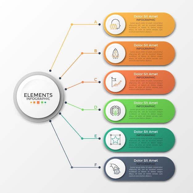 Paper white circle connected to 6 colorful rounded elements with linear icons and place for text inside. Concept of six features of business project. Infographic design template. Vector illustration.