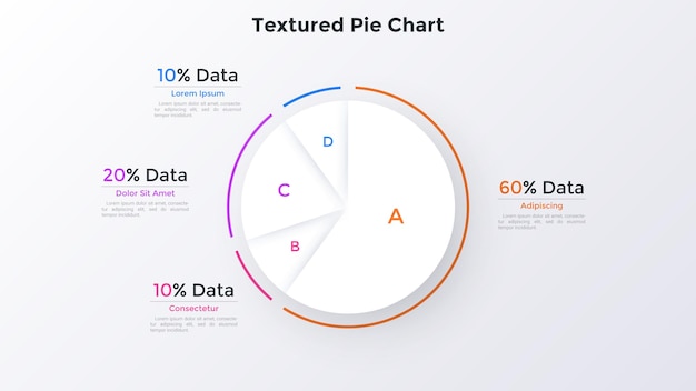 Paper white pie chart divided into 4 sectors and percentage indication Concept of four parts of business project Minimal infographic design template Flat vector illustration for data visualization